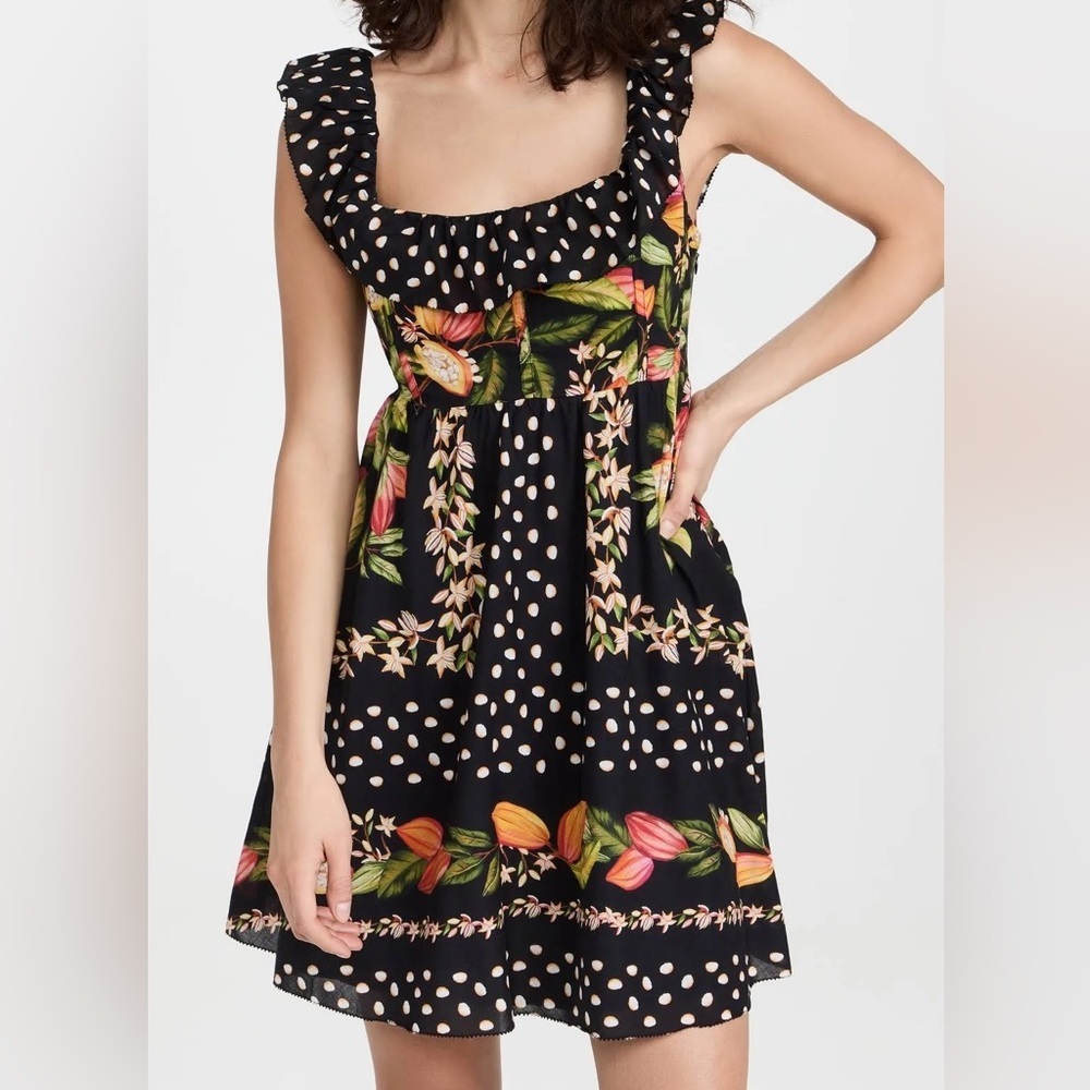 Farm Rio Tropical Floral Polka Dot Mini Dress S | Ruffle Strap Summer Vacation - Picture 2 of 13